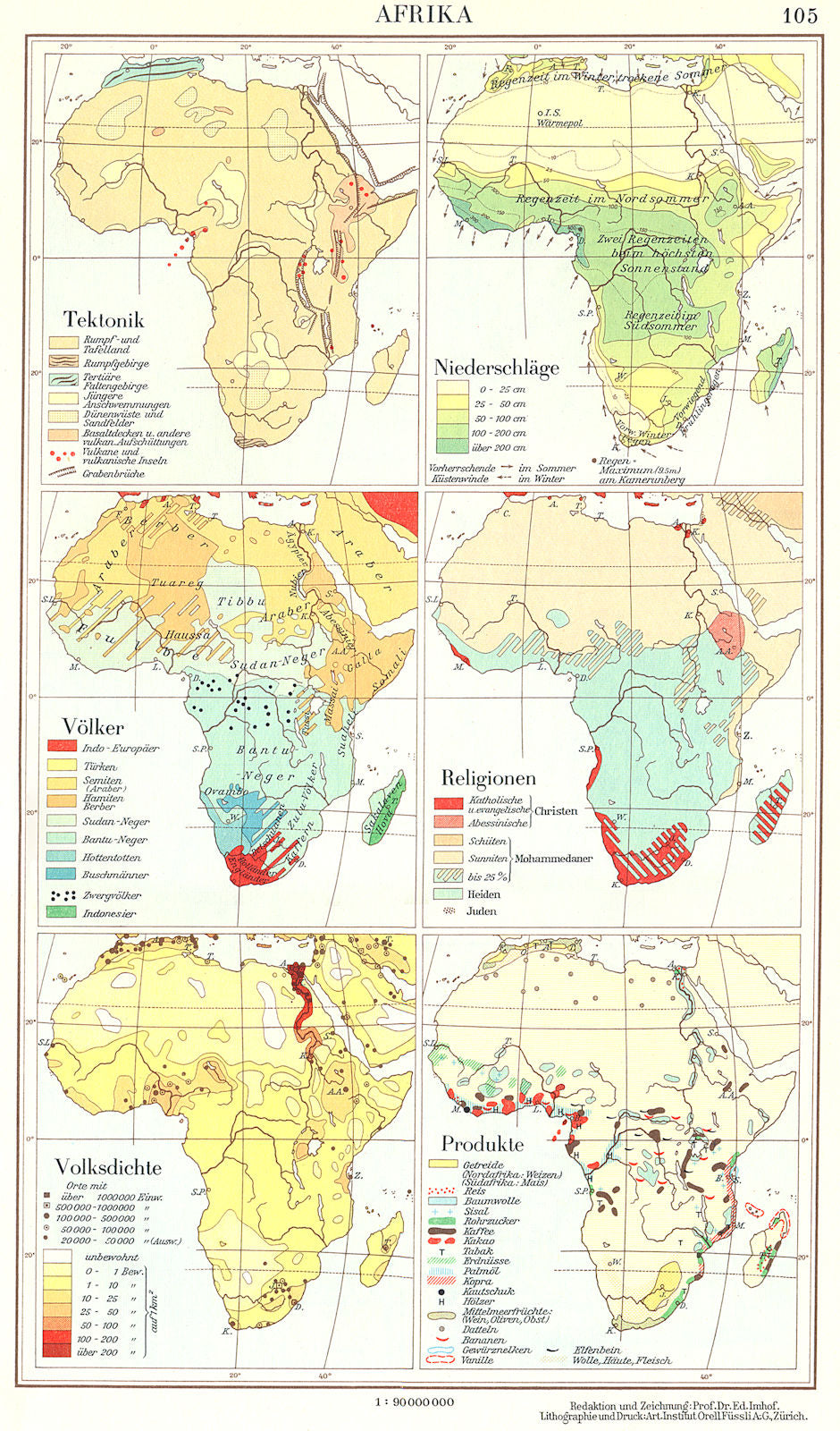 AFRIKA.Tektonik;niederschlage;Volker;Religionen;Volksdichte;Produkte 1958 map
